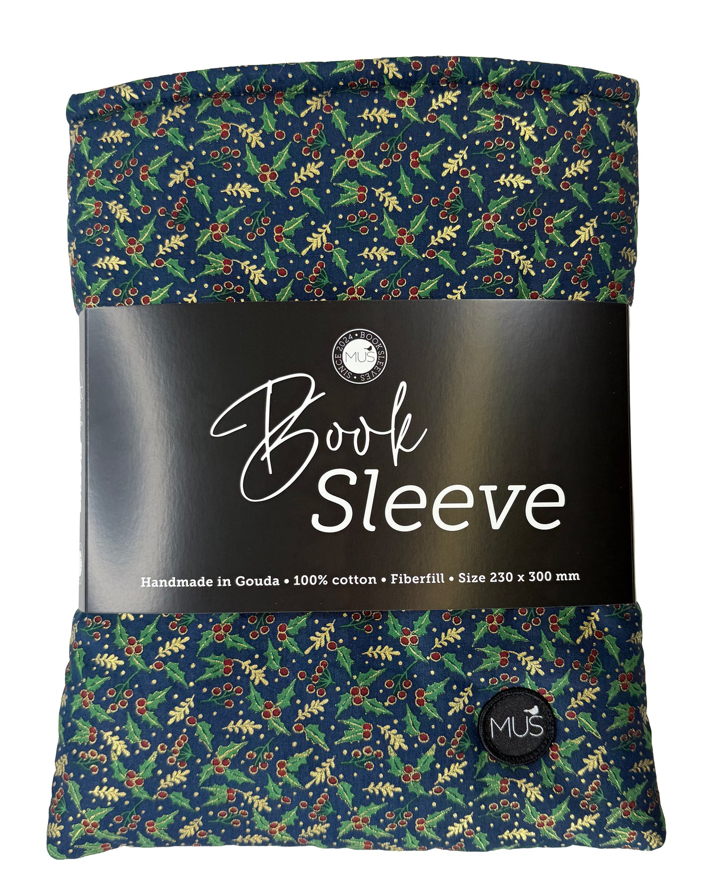 MUS Book Sleeve | Kerst hulsttakjes op marineblauw met goudfolie