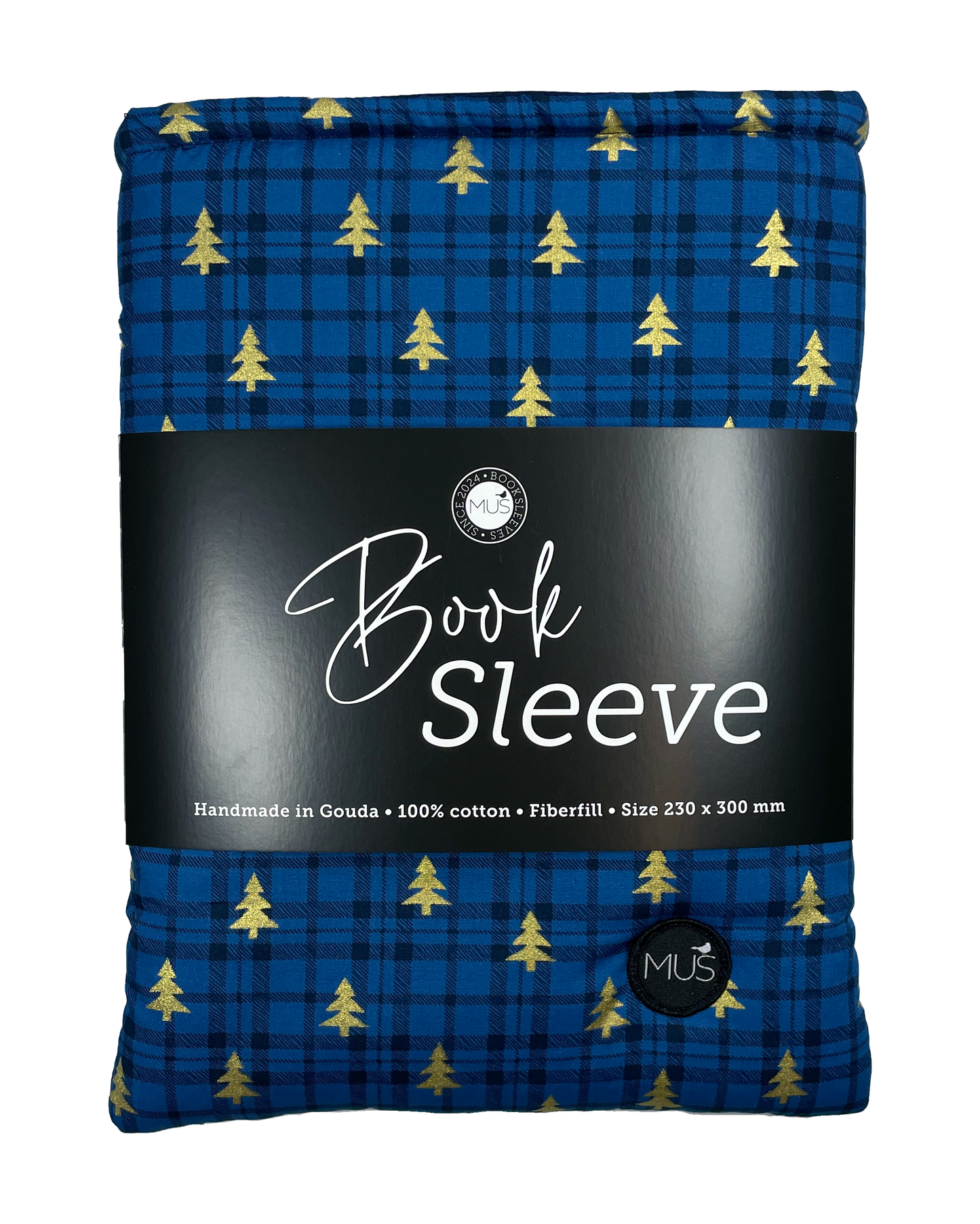 MUS Book Sleeve | Kerst blauwe ruit met gouden kerstboompjes