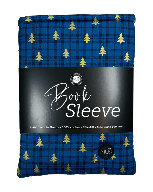 MUS Book Sleeve | Kerst blauwe ruit met gouden kerstboompjes