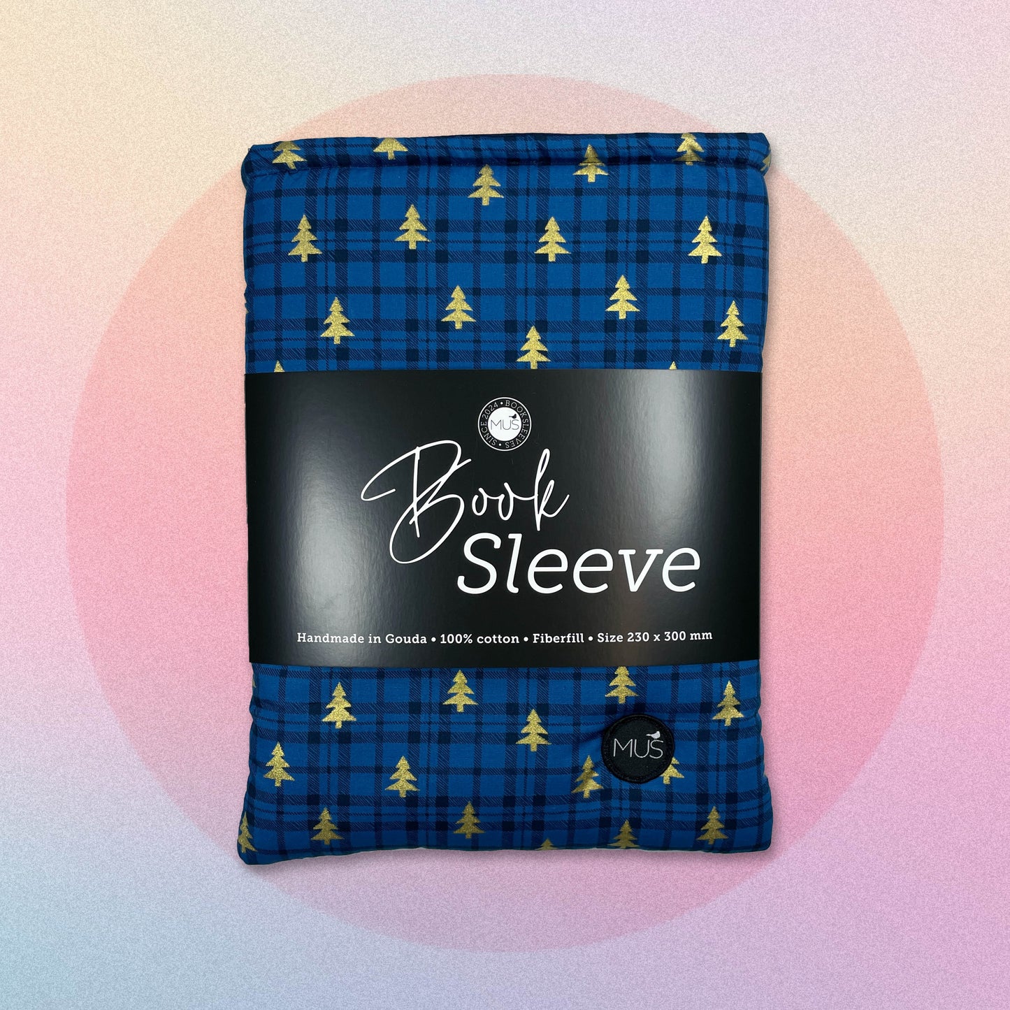 MUS Book Sleeve | Kerst blauwe ruit met gouden kerstboompjes