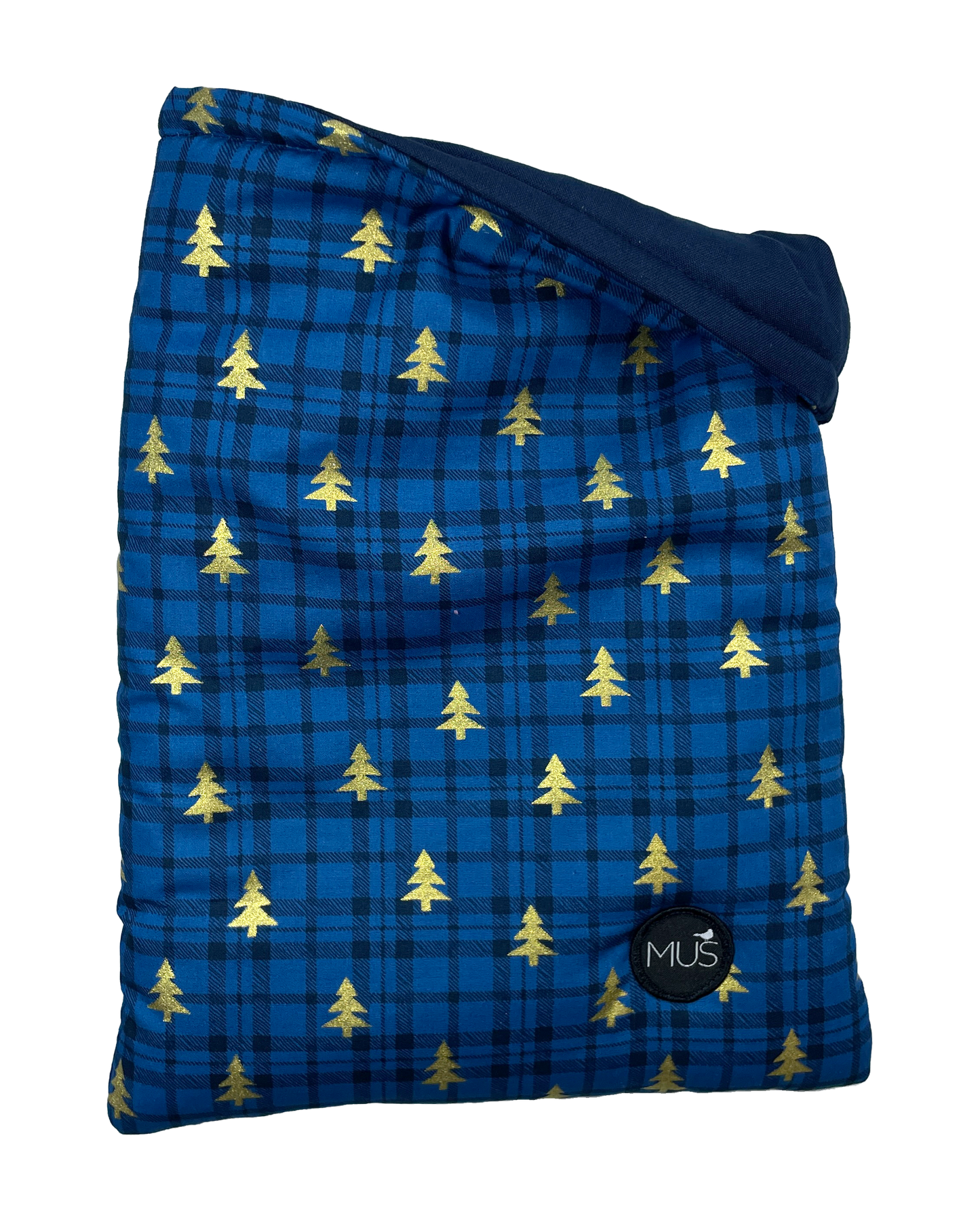 MUS Book Sleeve | Kerst blauwe ruit met gouden kerstboompjes