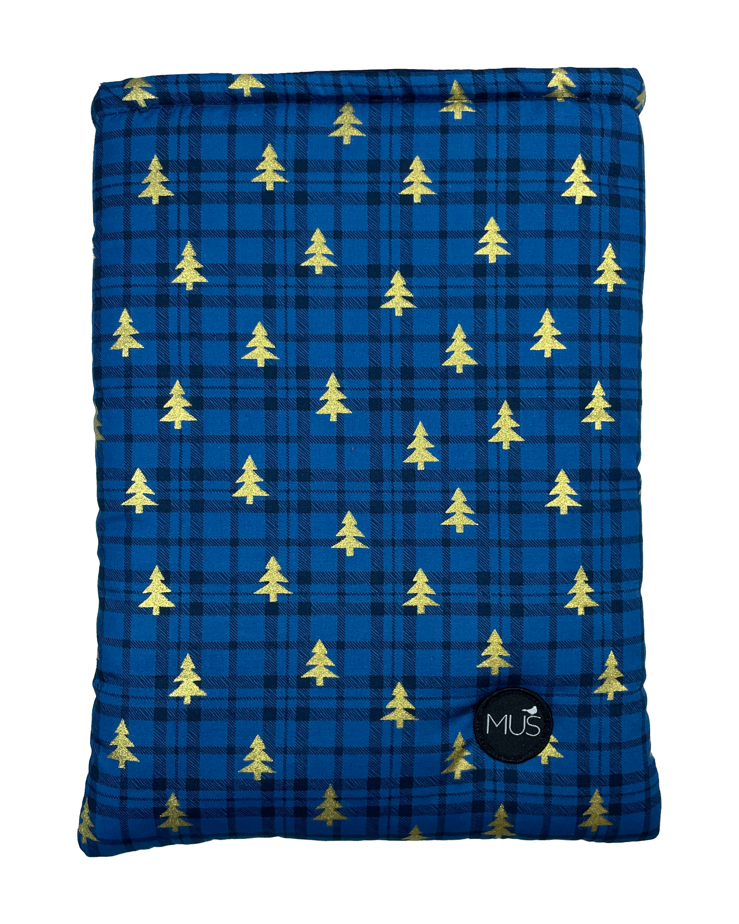 MUS Book Sleeve | Kerst blauwe ruit met gouden kerstboompjes