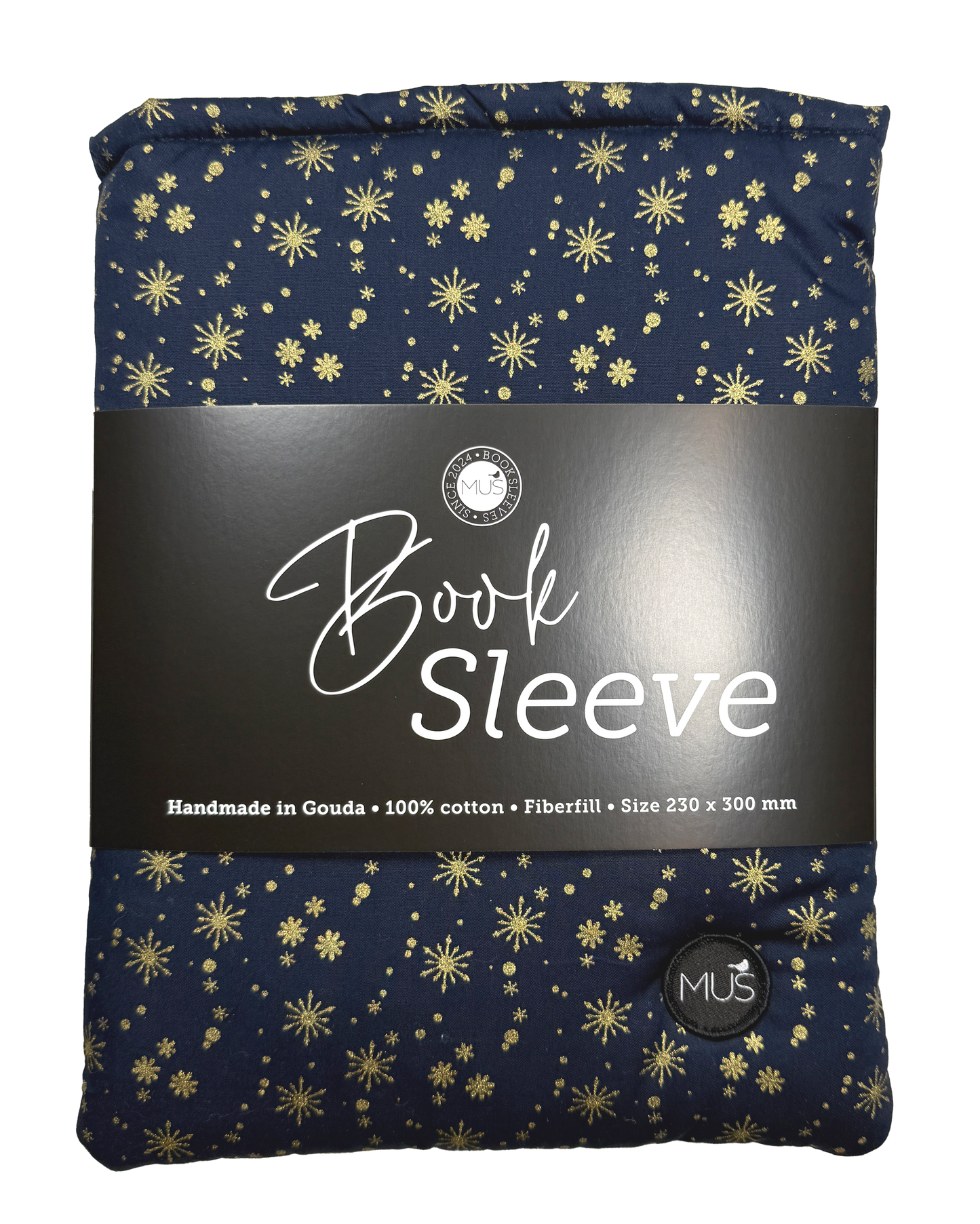 MUS Book Sleeve | Kerst marineblauw met goudfolie sneeuwvlokken